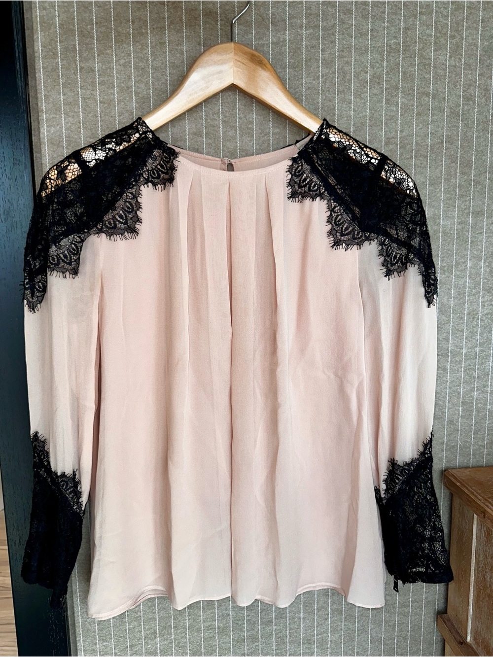 Alice + Olivia Blush Pink Blouse with Black Lace Trim